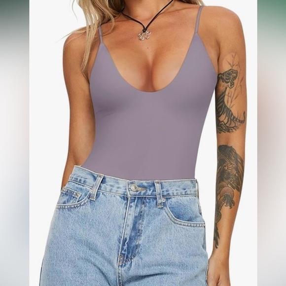 NWT Sexy Deep Round Neck Double Lined Sleeveless Trendy Going Out Bodysuit - Picture 2 of 7